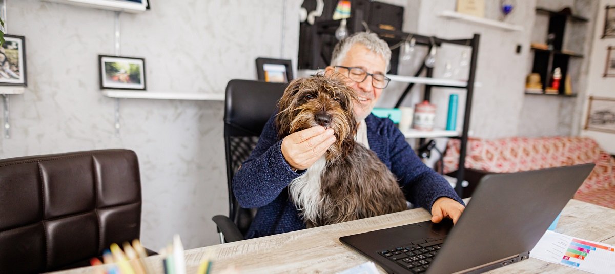 Mature happy man working on laptop while holding dog